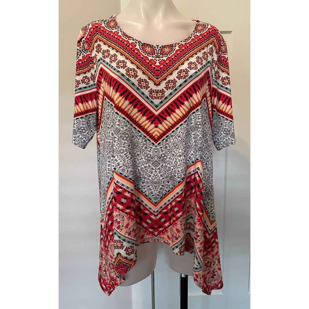 CHICOS Womens Knit TOP Short Sleeve PINK Black Green STRIPE Size 2 (L/12)